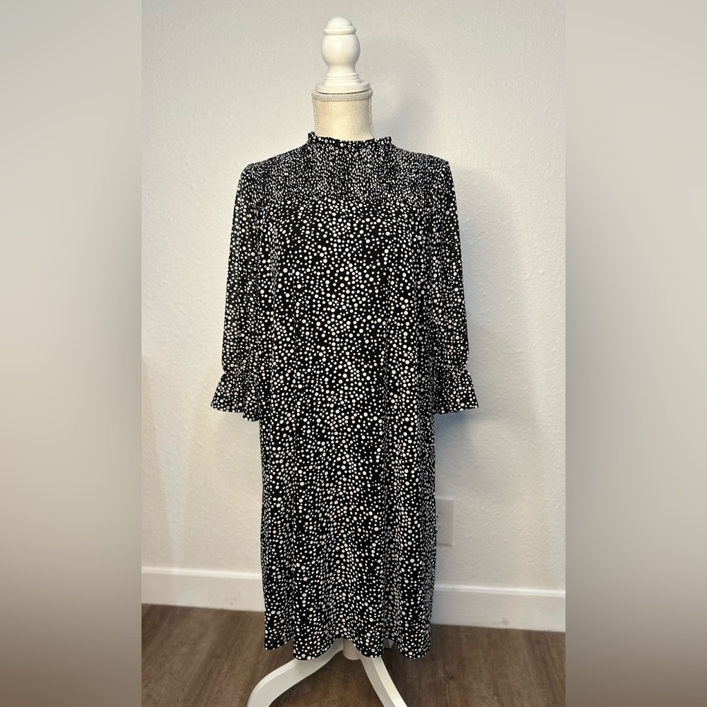 Siren Lily Mock Neck Quarter Length Sleeve Dress Black And White Dot Lined M